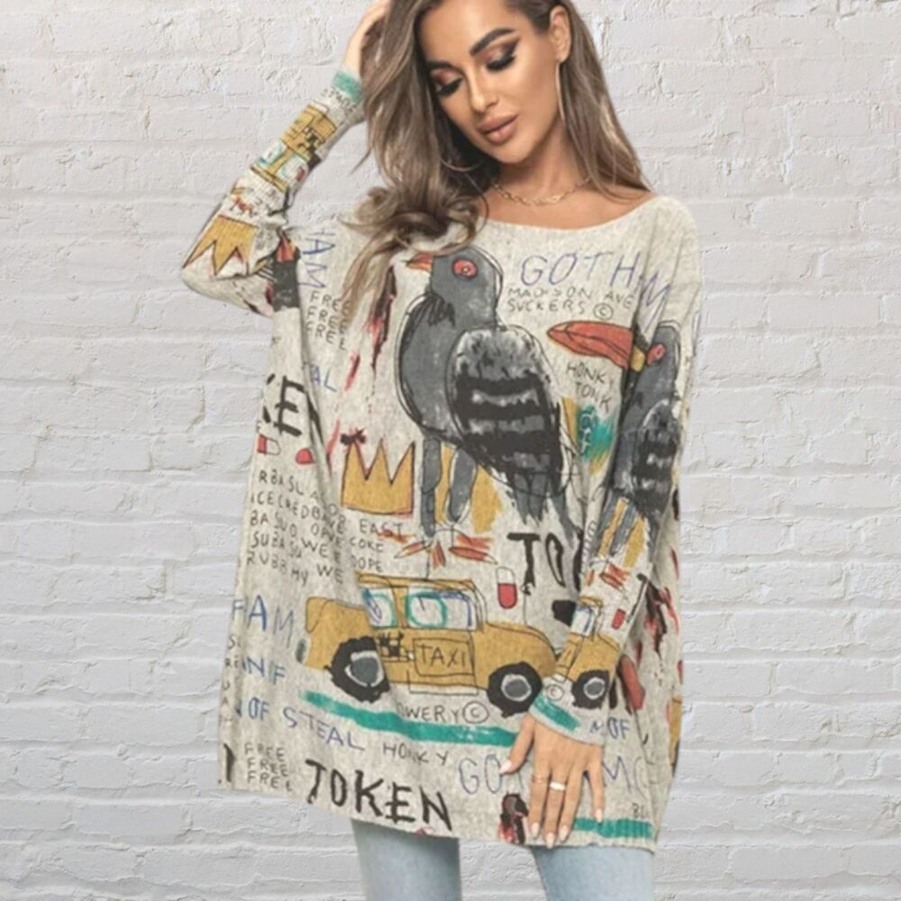 Coeur De Vague Graffiti Oversized Tunic Sweater One Size OS Multicolor Knit